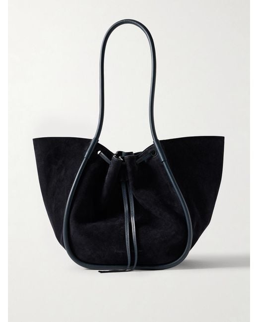 Proenza Schouler Black Large Leather-Trimmed Ruched Suede Tote