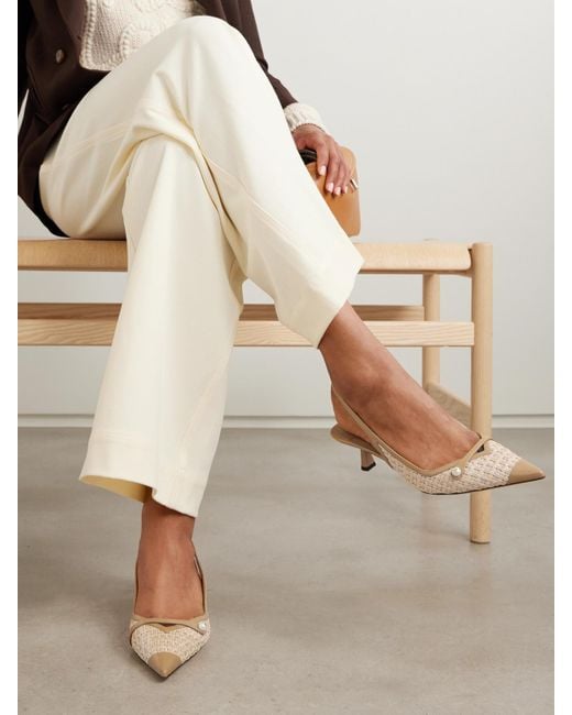 Jimmy Choo Natural Amita 45 Faux Pearl-Embellished Leather-Trimmed Raffia Slingback Pumps