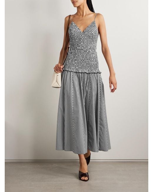 Brandon Maxwell Gray The Josie Shirred Striped Cotton Midi Dress