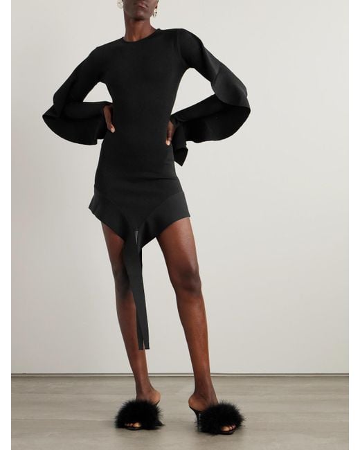 Mugler Black Asymmetrisches Minikleid Aus Stretch-Strick