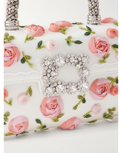 Roger Vivier Gray Floral-Appliquéd Embellished Satin Clutch