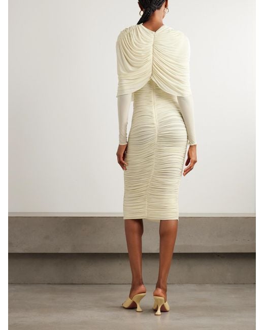 Magda Butrym Natural Draped Cape-Effect Ruched Stretch-Tulle Dress
