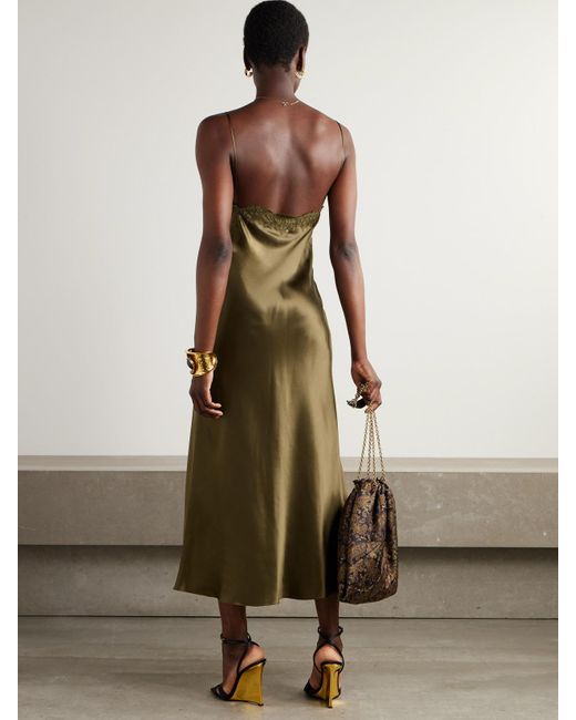 Saint Laurent Green Lace-Trimmed Silk-Satin Midi Dress