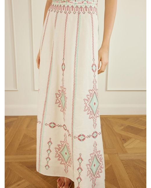 Emporio Sirenuse Natural Camille Embroidered Linen And Cotton-Blend Midi Skirt