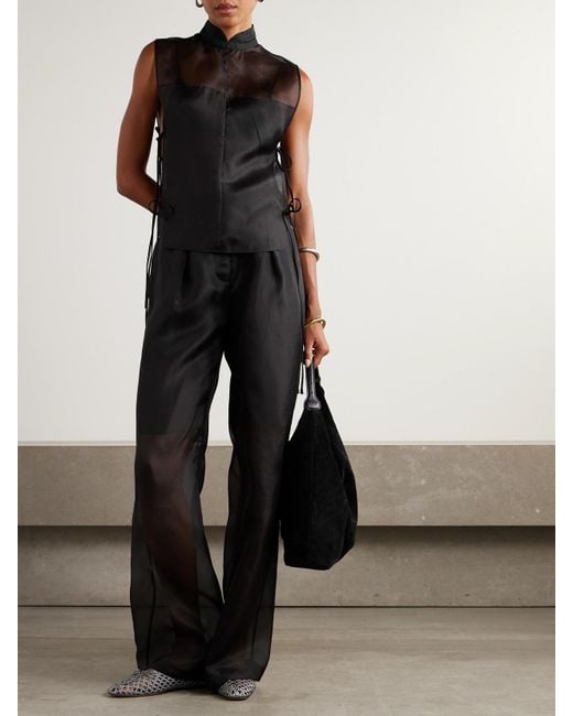 LeKasha Black Ostie Pleated Silk-Organza Wide-Leg Pants