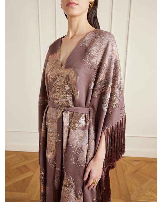 Taller Marmo Purple Dawn Royale Belted Fringed Embellished Crepe Kaftan
