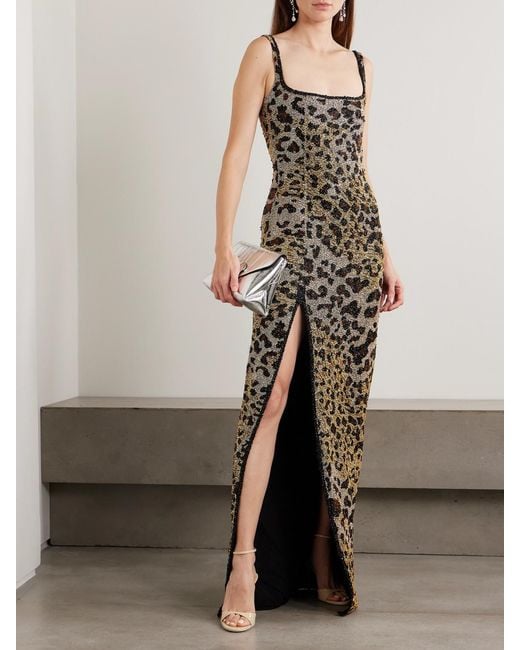 Clio Peppiatt Metallic Eartha Embellished Leopard-Print Stretch-Mesh Gown