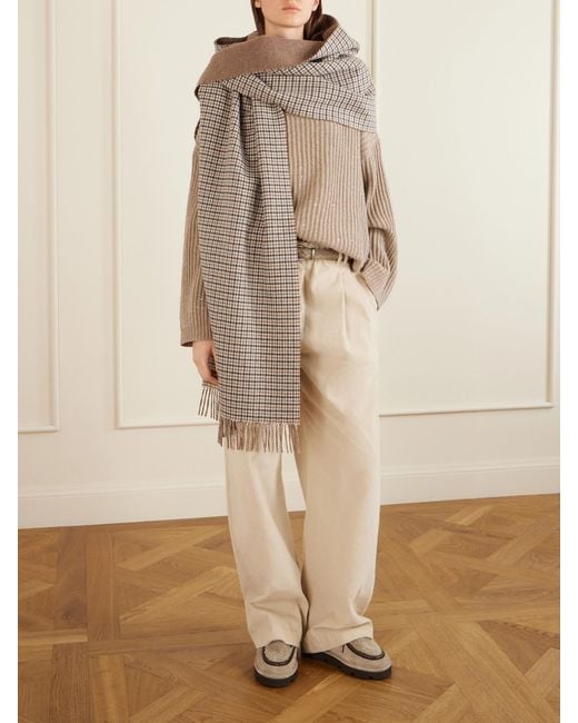 Brunello Cucinelli Gray Hooded Fringed Checked Cashmere Wrap
