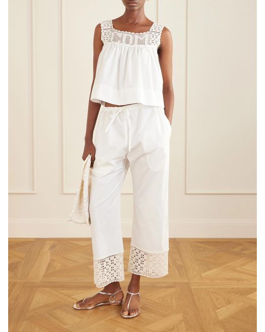 Calle Del Mar White Heriloom Lace-Trimmed Cotton-Poplin Wide-Leg Pants