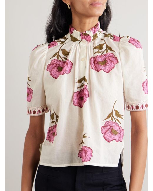 Alix Of Bohemia Pink Winn Ruffled Floral-Print Cotton-Voile Blouse