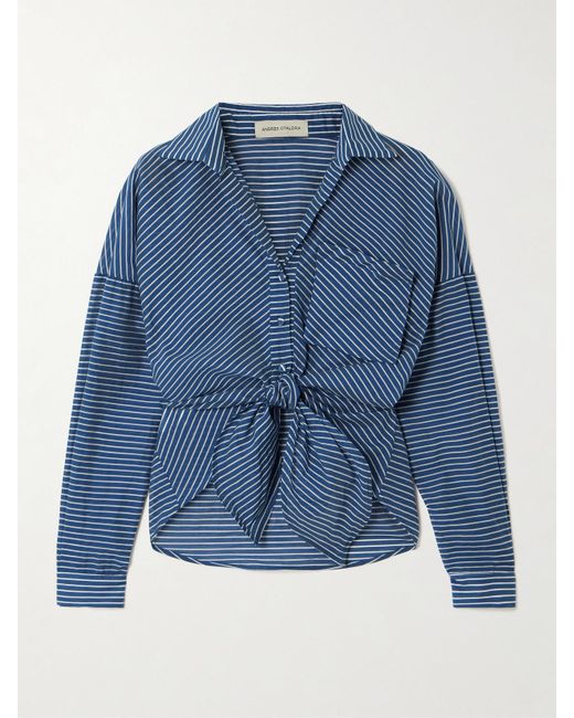 ANDRES OTALORA Blue Ilusion Tie-Detailed Striped Cotton-Voile Shirt