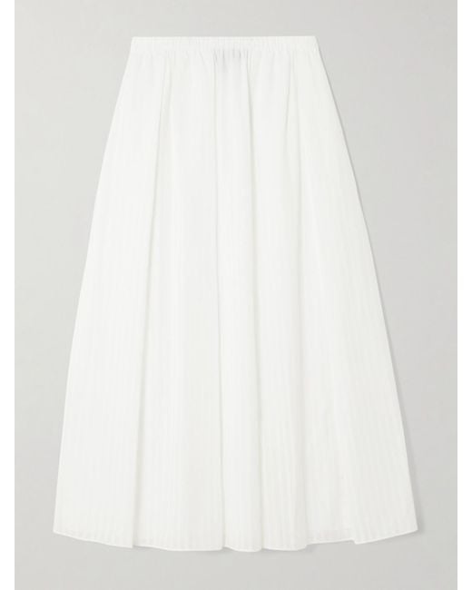 Theory White Pleated Striped Cotton-Poplin Midi Skirt