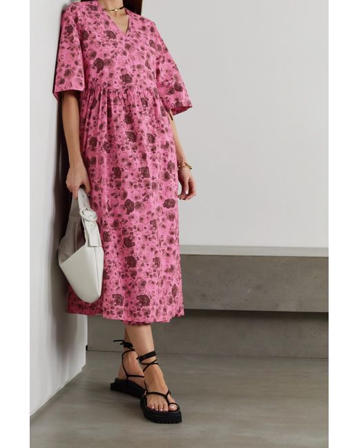 Ganni Floral-print Organic Cotton-poplin Wrap Dress in Pink | Lyst Australia