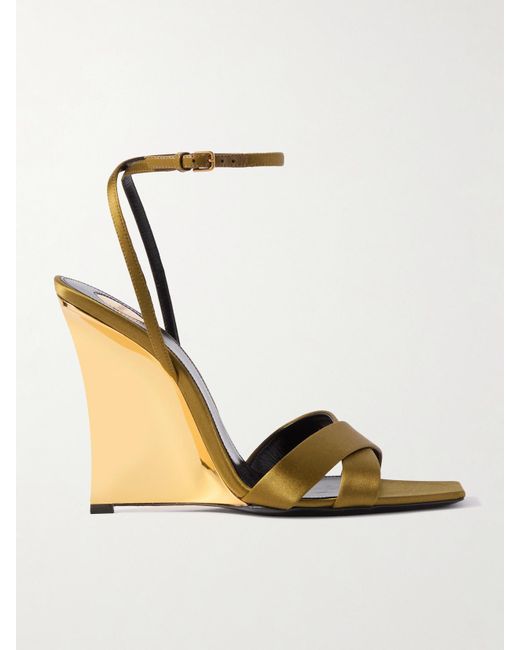 Saint Laurent Metallic Lucienne Leather-Trimmed Satin Wedge Sandals