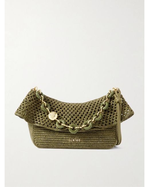 Loewe Green Paula's Ibiza Ola Embellished Leather-Trimmed Raffia Shoulder Bag
