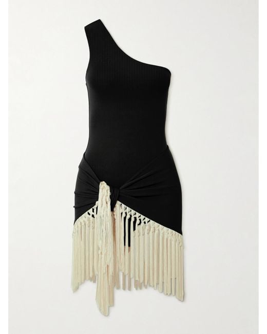 ‎Taller Marmo Black Yacare One-Shoulder Swimsuit And Fringed Pareo Set