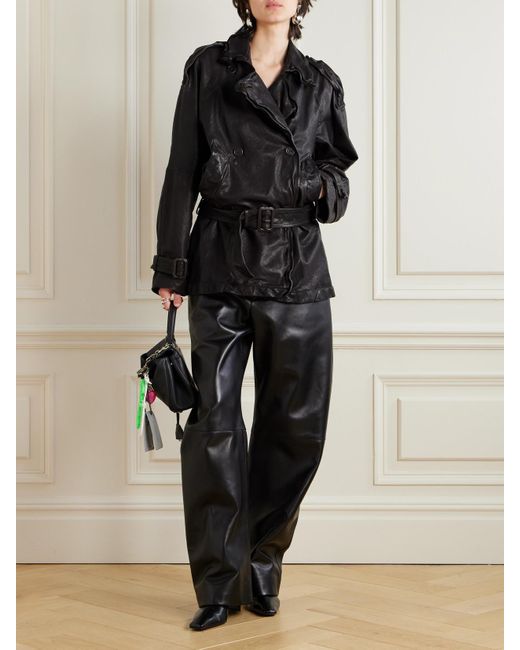 Acne Black Doppelreihige Lederjacke Mit Gürtel