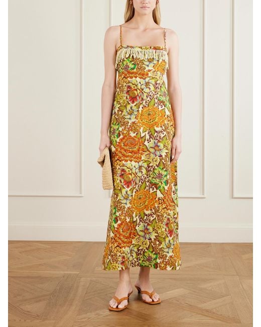 ALÉMAIS Metallic Lana Fringed Floral-Print Linen Midi Dress