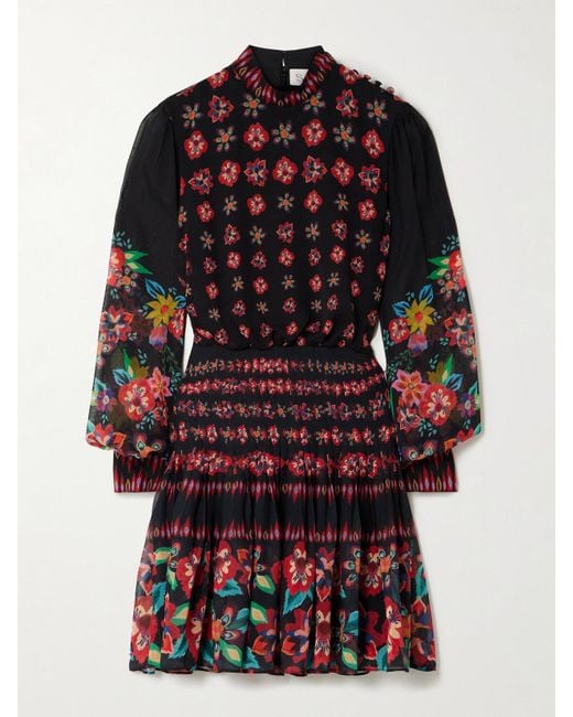 Saloni Red Isa Pleated Floral-Print Silk Crepe De Chine Mini Dress