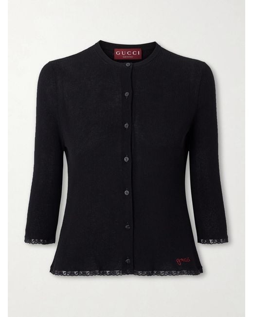 Gucci Blue Embroidered Lace-Trimmed Ribbed-Knit Cotton Cardigan