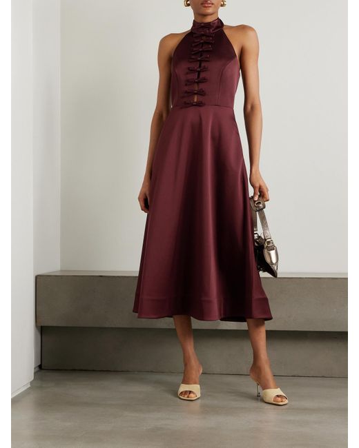 Rebecca Vallance Purple Cutout Bow-Detailed Duchesse-Satin Halterneck Midi Dress