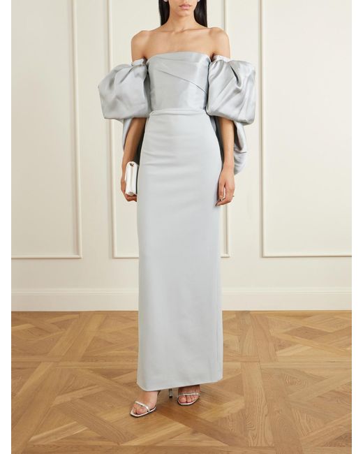 Solace London White Floris Off-The-Shoulder Satin-Twill And Crepe Maxi Dress