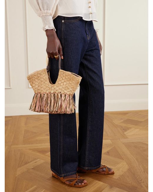 Zimmermann Natural Goldentime Large Embellished Leather-Trimmed Fringed Raffia Tote