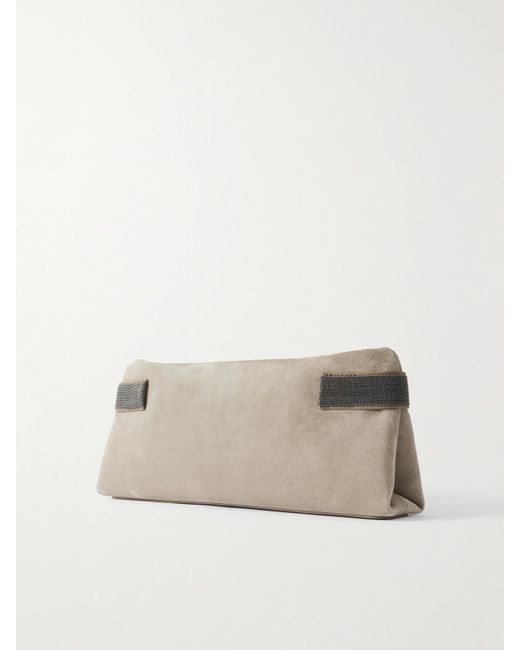 Brunello Cucinelli Natural Bead-Embellished Leather-Trimmed Suede Clutch