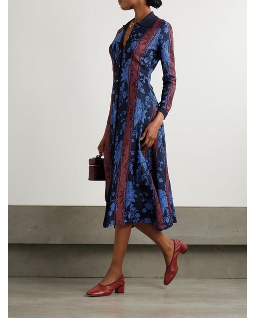 Etro Blue Midi-Hemdblusenkleid Aus Jacquard-Strick Mit Blumenmuster