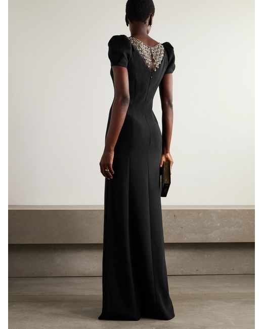 Jenny Packham Black Empress Embellished Tulle-Paneled Crepe Gown