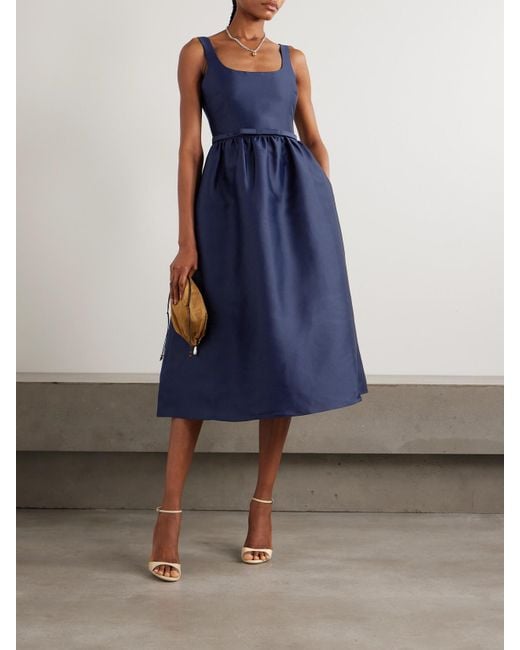 Self-Portrait Blue Gathered Satin Midi Dress