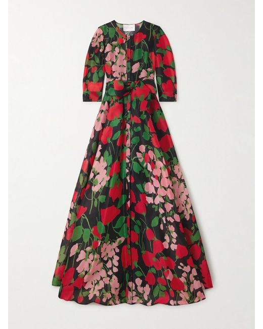 Carolina Herrera Red Belted Floral-Print Silk-Gazar Gown