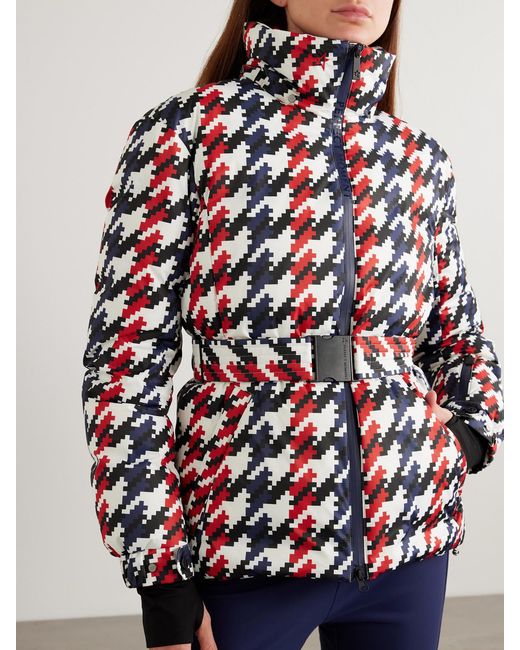 Perfect Moment Red Candice Hooded Belted Houndstooth Down Ski Jacket
