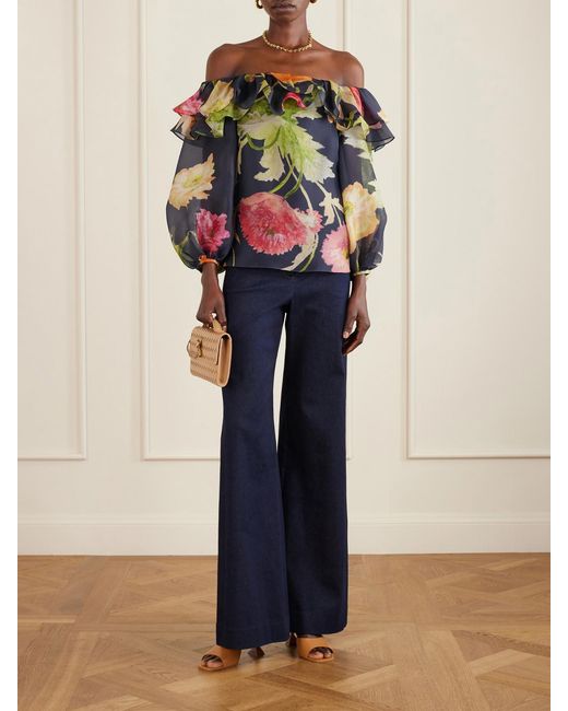 Carolina Herrera Blue Off-The-Shoulder Floral-Print Silk-Organza Top