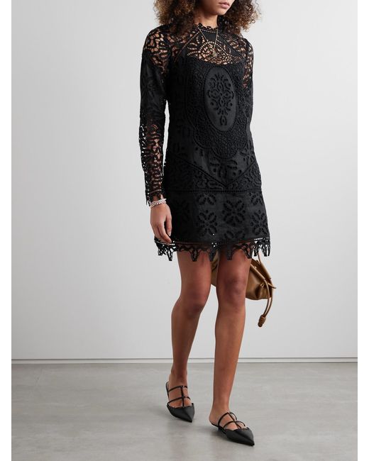 Ulla Johnson Black Eleni Guipure Lace-Trimmed Linen Mini Dress