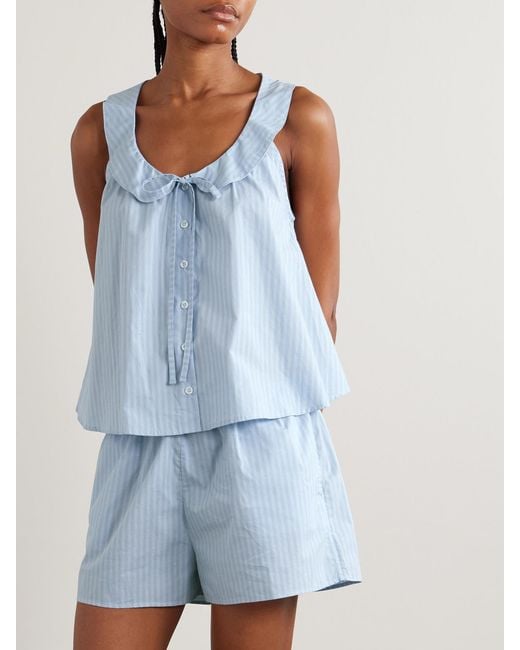 Deiji Studios Blue Round Collar Tie-Detailed Striped Organic Cotton Shirt And Shorts Set