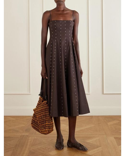 Staud Brown Wylie Embellished Paneled Cotton-Blend Poplin Midi Dress
