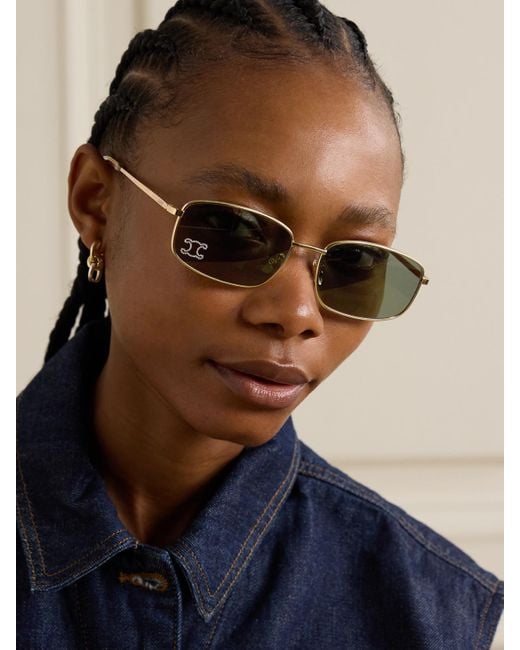 Céline Green Triomphe Crystal-Embellished Square-Frame-Tone Sunglasses