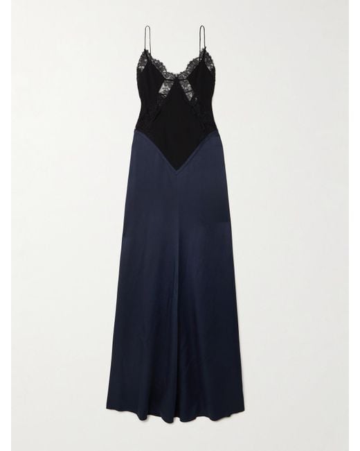Victoria Beckham Blue Robe Aus Crêpe Und Glänzendem Crêpe Mit Spitzenbesätzen