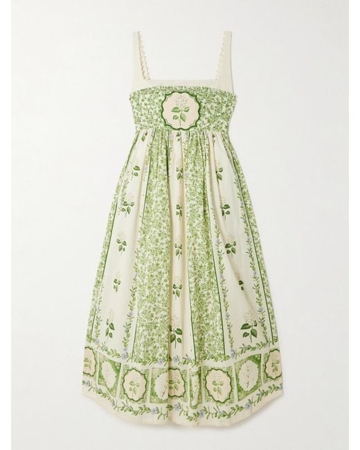 Agua Bendita White Barbara Midikleid Aus Leinen Mit Blumenprint, Zierperlen Und Falten