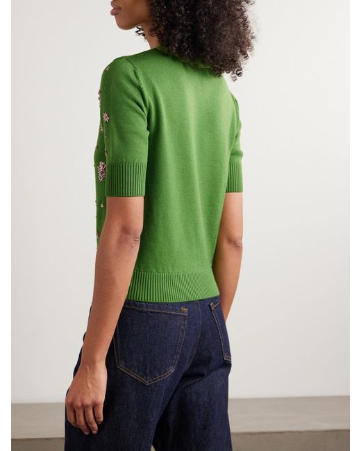 Oscar de la Renta Green Floral Crystal And Sequin-Embellished Wool Sweater