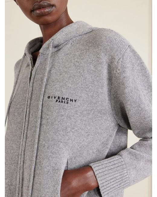Givenchy Gray Embroidered Wool And Cashmere-Blend Zip-Up Hooded Cardigan