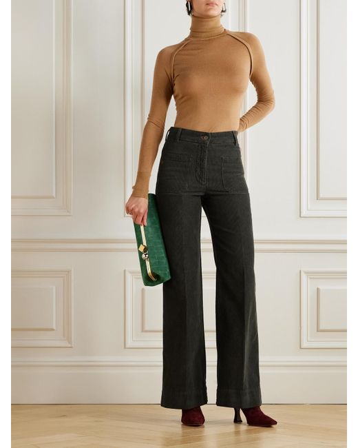 Victoria Beckham Green Alina Cotton-Corduroy Straight-Leg Pants
