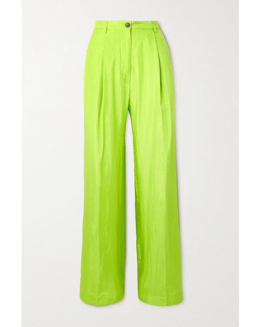 Dries Van Noten Green Pleated Neon Silk And Cotton-blend Satin Wide-leg Pants
