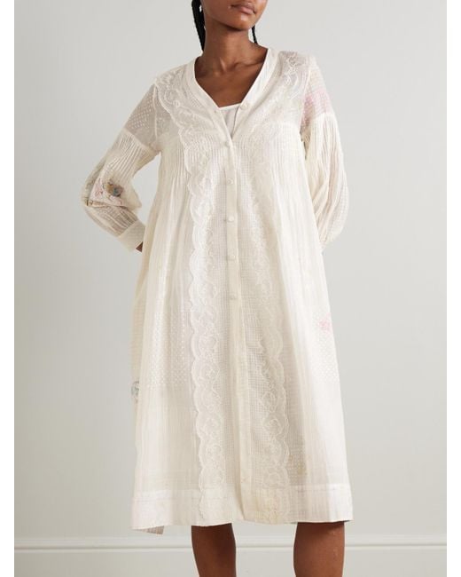 Robe Midi En Voile De Coton Et De Soie Mélangés Imprimé À Broderies Et À Finitions En Dentelle Viola Eka en coloris Natural