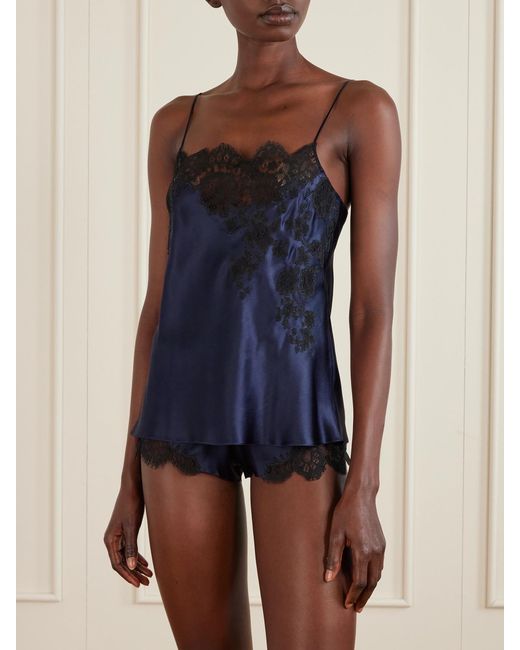 Carine Gilson Blue Lace-Trimmed Silk-Satin Shorts