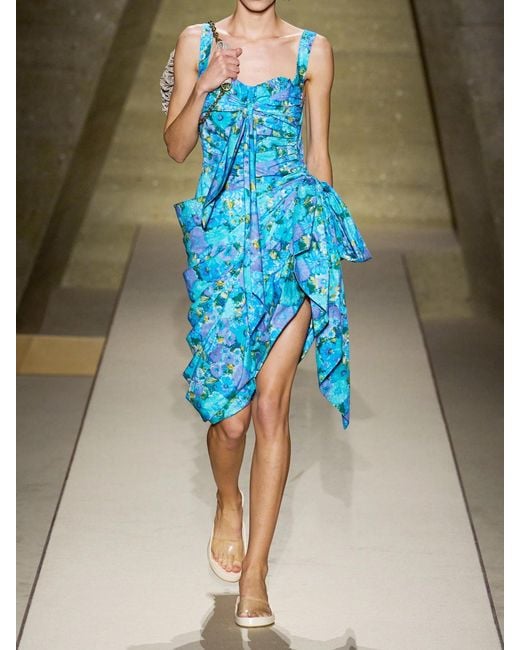 Chloé Blue Asymmetric Bow-Detailed Draped Gathered Floral-Print Cotton Mini Dress