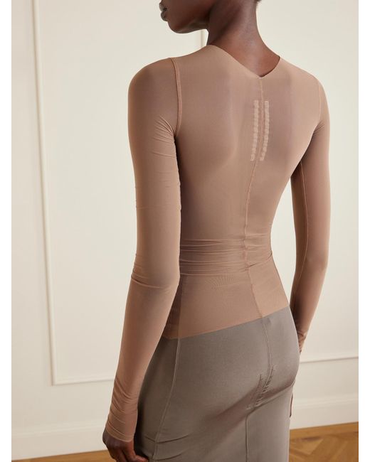 Rick Owens Brown Ruched Stretch-Mesh T-Shirt