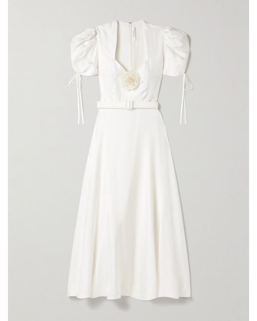 Rodarte White Appliquéd Belted Silk-Twill Midi Dress