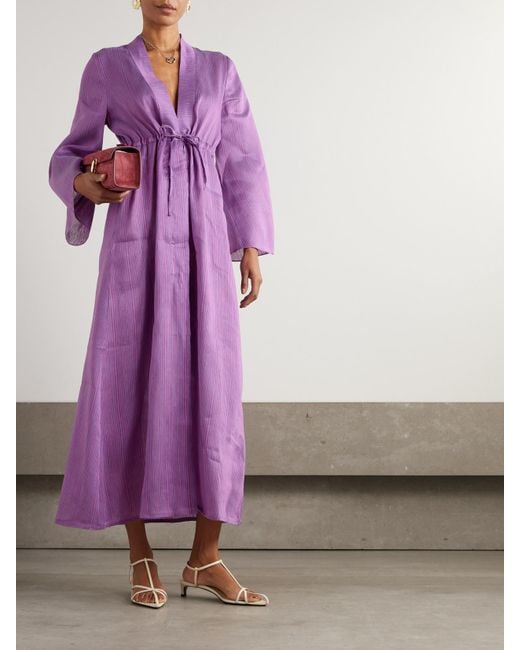 D'Estree Purple Otani Veil Strandkleid Aus Einer Gestreiften Leinenmischung